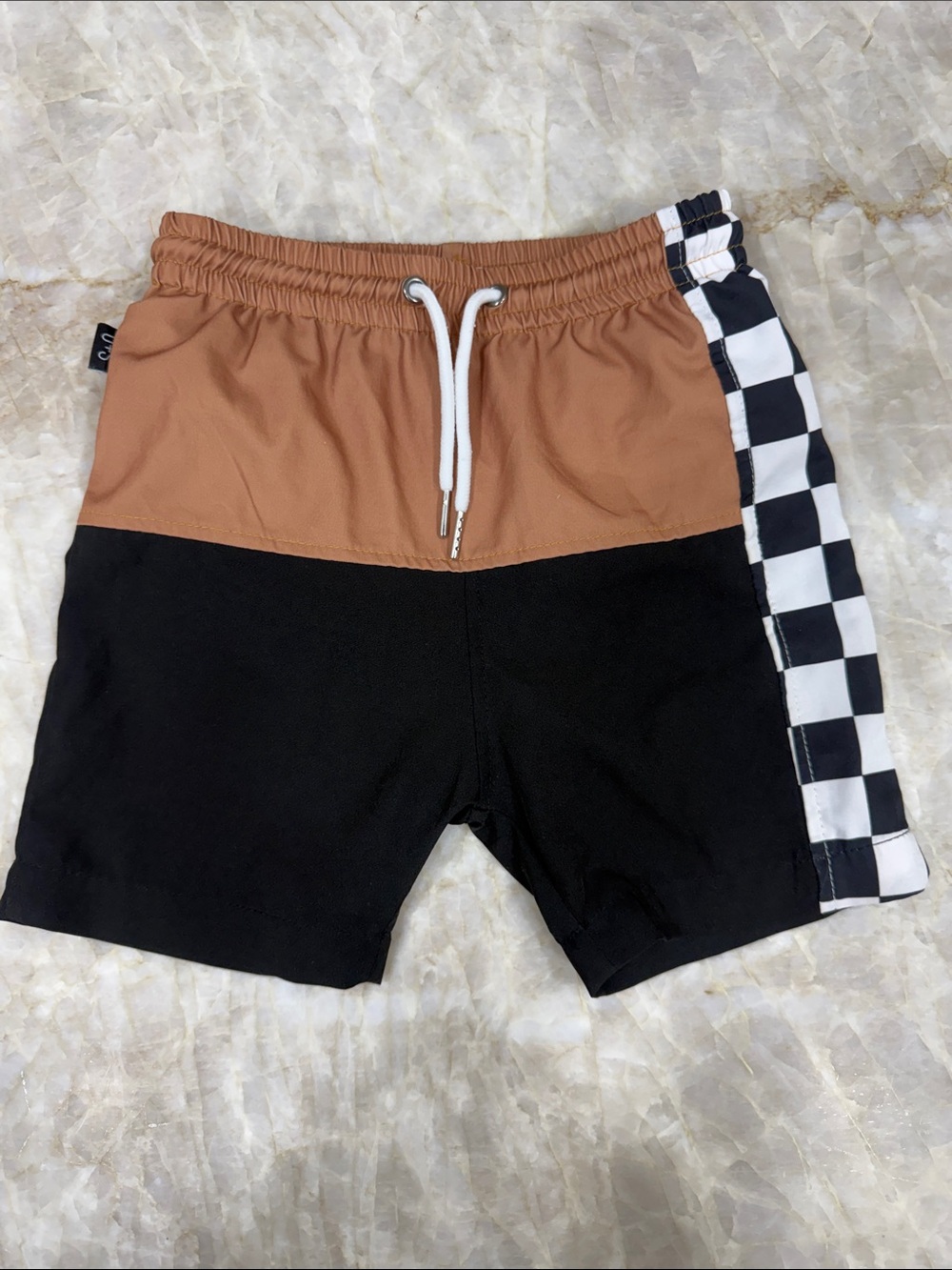 Kids Colorblock Swim Trunks with Checker Stripe - Brown/Black